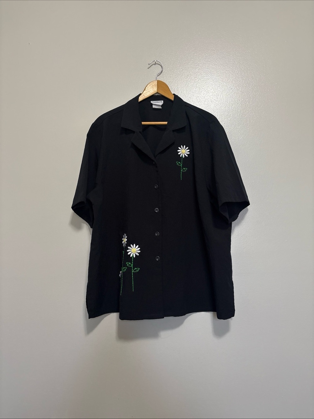 Bon Worth Black Short-Sleeve Button-Up with Daisy Embroidery